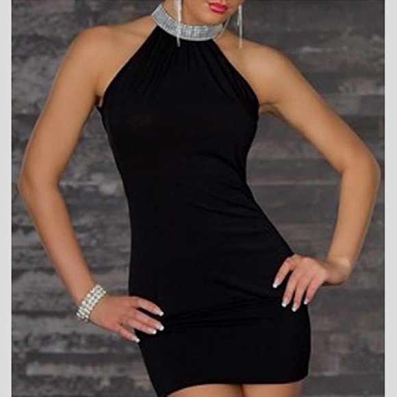 BEBE EMBELLISHED HIGH NECK BLACK BODYCON MINIDRESS - Picture 3 of 16